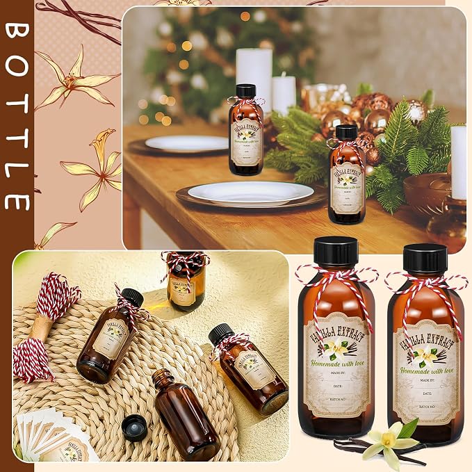 Uiifan 8 Pcs Vanilla Extract Bottles Boston Round with Caps Glass Bottle and 8 Pcs Vanilla Extract Labels Stickers for Syrup Gift Glass Food Storage Canister Set Sauce Beans(2 oz)