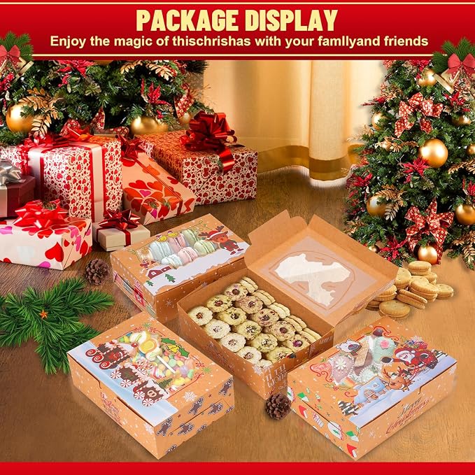 24 Pack Christmas Cookie Boxes with Window, 8.7" x 5.9" x 2.7" Large Holiday Bakery Treat Boxes for Gift Giving, Pastry, Candy, Party Favors, Christmas Kraft Gift Boxes with Ribbons and DIY Gift Tags