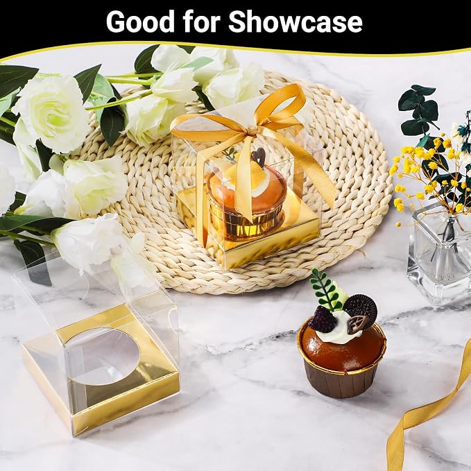 EUSOAR Gold Cupcake Boxes, 100 Packs 3.5 Inch Plastic Individual Clear Cupcake Boxes Containers with Inserts, Pastry Muffins Gift Holder Clear Disposable Cake Carrier Display for Wedding Party Bakery
