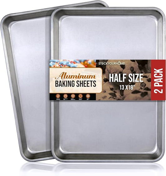 13x18 Aluminum Baking Sheet Pan (2 Pack), Commercial Half Size Rimmed Baking Pans for Oven, Freezer, & Bun Racks, Heavy Duty Baking Sheet Cake Pan, Extra Large Cookie Sheets for Baking & Cooking