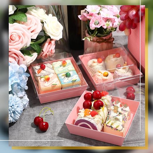 100 Pack Charcuterie Boxes with Clear Lids Valentine Gift 5 Inch Cookie Boxes Disposable Cake Case Paper Square Cookie Containers Dessert for Sandwich Slice Cake Hot Cocoa Bombs Strawberries(Pink)