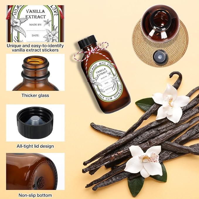 12 Pack 4 oz Vanilla Extract Bottles with Black Poly Cone Caps and 12 Pcs Vanilla Extract Stickers, 120ml Boston Round Sample Bottles for Homemade Vanilla Extract, Essential Oils, Herbal Medicine(4oz)