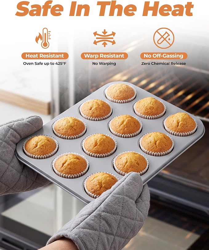 Bake Choice Muffin Pan for Baking, Standard Cupcake Pan includes 100 White Cupcake Liners, Muffin Tin Nonstick 12 Cup, Baking Pans Set,Carbon Steel Baking Supplies, Cream Gray