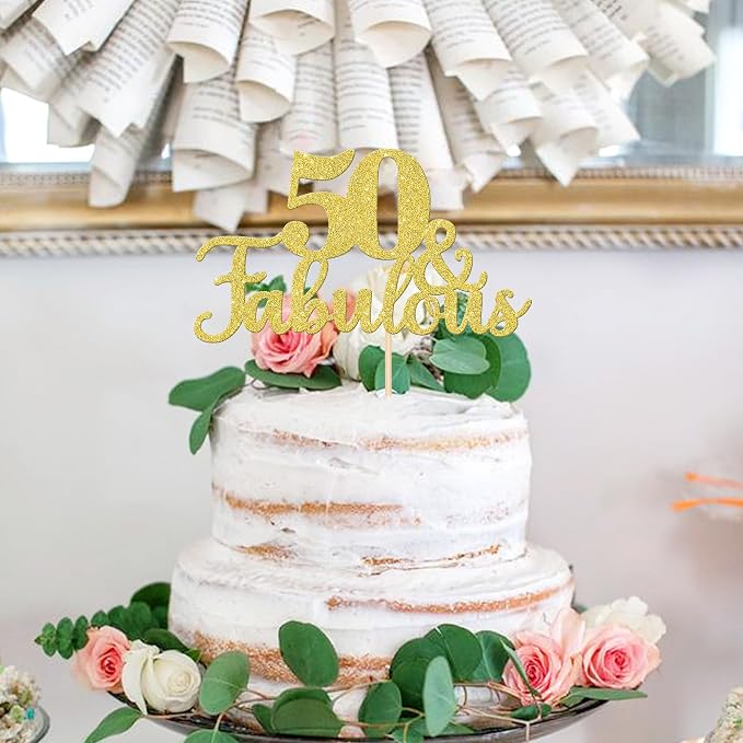 1 PCS Fabulous Cake Topper Gold Glitter 50th Anniversary Cake Pick Decoration for Wedding Anniversary Party Decorations Happy 50th Birthday Cake Decorations Supplies