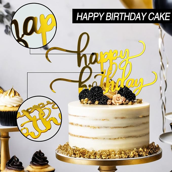 24 PCS Acrylic Cupcake Toppers 8 Styles Happy Birthday Cake Topper Engraved Cake Picks for DIY Party Decoration (Black Gold Silver, 12style 36pcs)