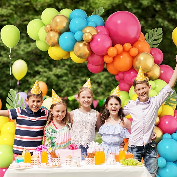 Hawaiian Balloon Arch Kit, 108 Pcs Tropical Balloon Garland with Hot Pink Orange Teal Green Yellow Latex Balloons Metallic Gold for Birthday Baby Shower Pool Beach Summer Party Decorations
