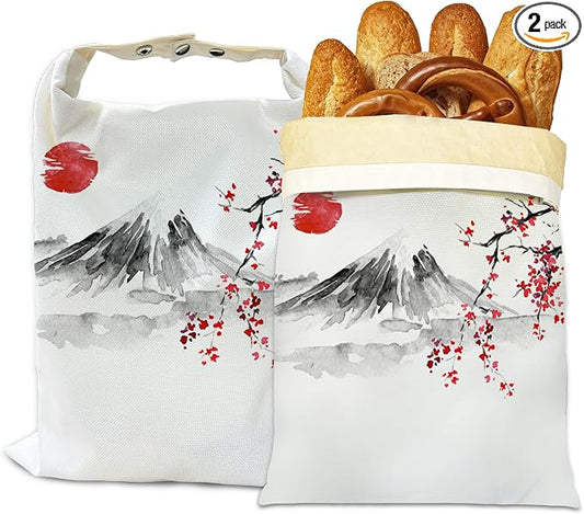 Beeswax Bread Bags, 2 Pack for Homemade Bread and Sourdough Storage | Japanese Cherry Blossom Sun Fuji Mount, Reusable Polyester Bread Storage With Beeswax Coating And Snap Closures