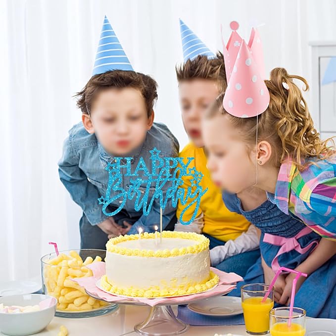 Gyufise 1Pcs Happy Birthday Cake Topper Glitter Happy Birthday Cake Pick for Celebrating Happy Birthday Anniversary Theme Party Cake Decorations Supplies Light Blue