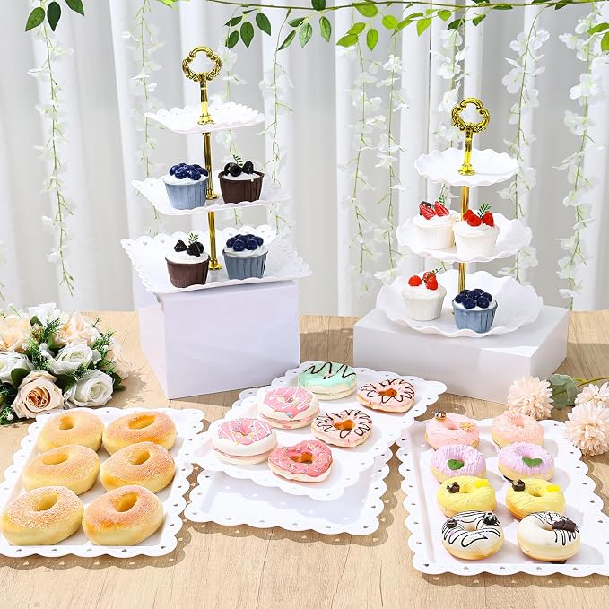 Frigg Dessert Table Display Set,5Pcs Cake Stand,2Pcs 3 tiered Cupcake Stands and 3Pcs Dessert Trays serving trays for Party Baby Shower Wedding Tea Party