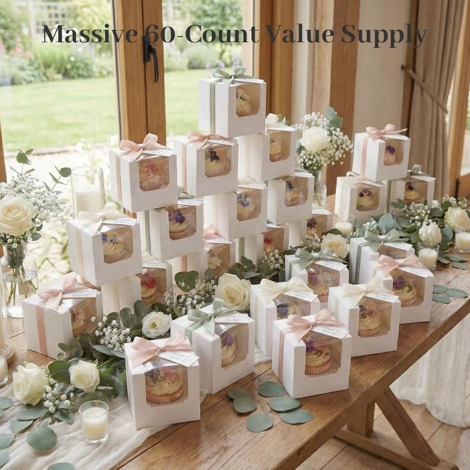 VGOODALL 60PCS Cupcake Boxes, 3.5 Inches Individual Cupcake Containers with Window and Insert for Muffins Cocoa Bombs Packaging Togo Boxes for Birthday Baby Shower Wedding Party Favors