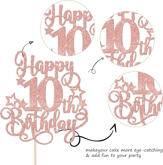 1 PCS Happy 10th Birthday Cake Topper Glitter Cheers to 10 Years Birthday Cake Pick Hello 10 Fabulous Cake Decoration for Happy 10th Birthday Anniversary Party Decorations Supplies Rose Gold
