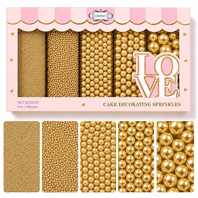 Confect Pearl Sprinkles | Gold Sprinkles for Christmas Cakes & Cupcakes Decoration | Assorted pack of 5 | Sparkling Champange Disco Ball Sprinkle | Mix Gold Pearl Dragees | Vegan, Gluten-Free, Nut-Free, Soy-Free, Dairy-Free, Palm Oil-Free, No Artificia...