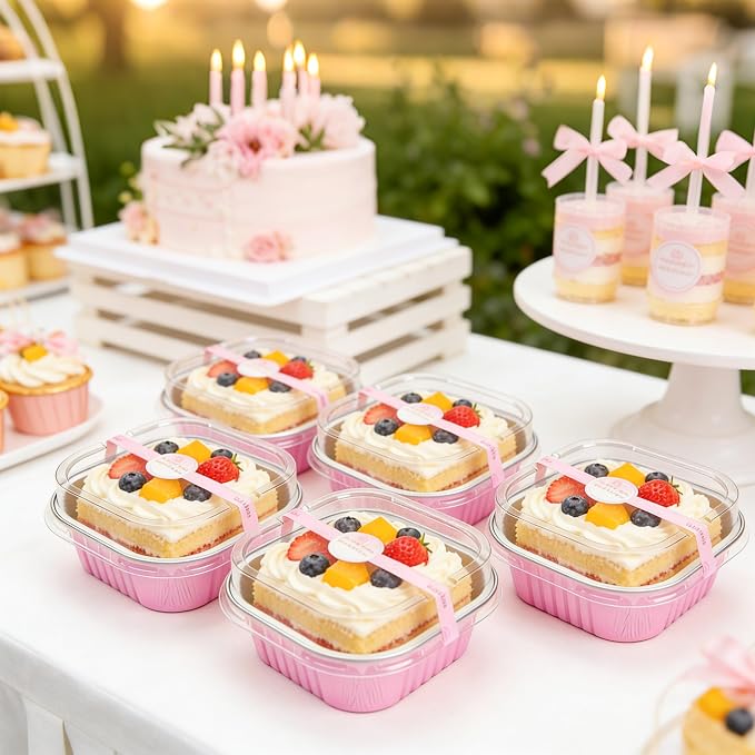 NPLUX 50 Pcs Mini Cake Pans with Lids and Spoons Aluminum Foil Mini Square Baking Cups with Lids Disposable Ramekins Cake Pans Dessert Cups for Wedding, Graduation Gifts Party Favors(Pink,5oz)