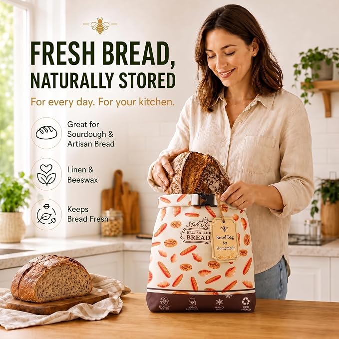 Beeswax Bread Bag 1 Pack, Reusable Linen Bread Bags for Homemade Bread, Extra Large Sourdough Bread Storage Bag, Natural Beeswax Lining Keeps Loaves Fresh Longer, Eco Friendly