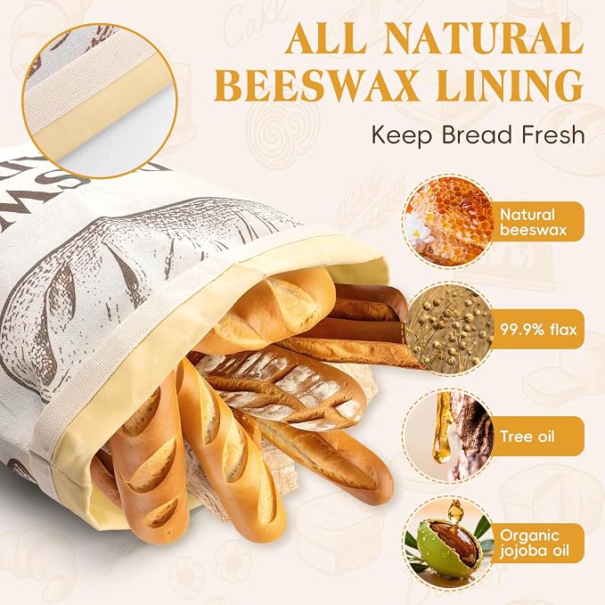 Natural Beeswax Bread Bags for Sourdough and Homemade Bread, Reusable Bread Storage Bags, XL Large Capacity, Freshness Keeping and Freezer Safe, 2 Pack | All Natural Beeswax