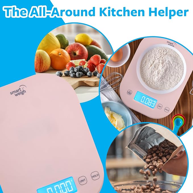 Food Scale, 11lb Pink Digital Kitchen Scale with LCD Display and Tare Function, 1g/0.1oz Precision, Weight Grams and Ounces for Baking, Cooking, Meal Prep and Weight Loss - Smart Weigh