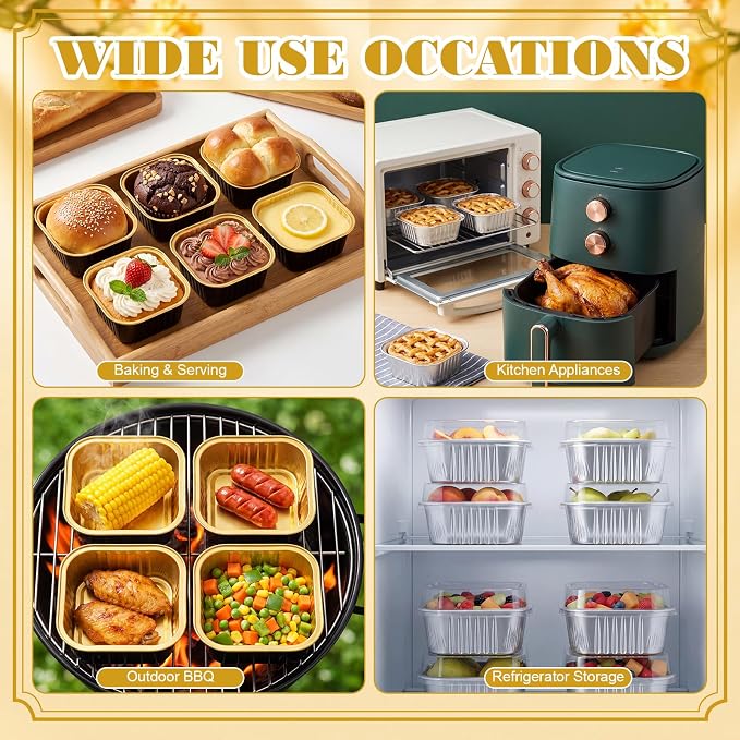 200 Pack 5 oz Mini Cake Pans with Lid, Aluminum Foil Mini Baking Tins, Square Disposable Cupcake Baking Cup Dessert Container for Wedding Birthday Party Picnic (Black,Silver,Classic)