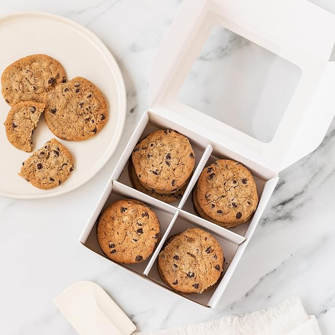 25 pcs Kraft Mini Cookie Boxes for 4 treats with Window and Dividers, Kraft Bakery Boxes, 6 x 6 x 2.4 Inches SMALL Baking Boxes, Square Cookies Box Decorating Supplies for Gift Giving