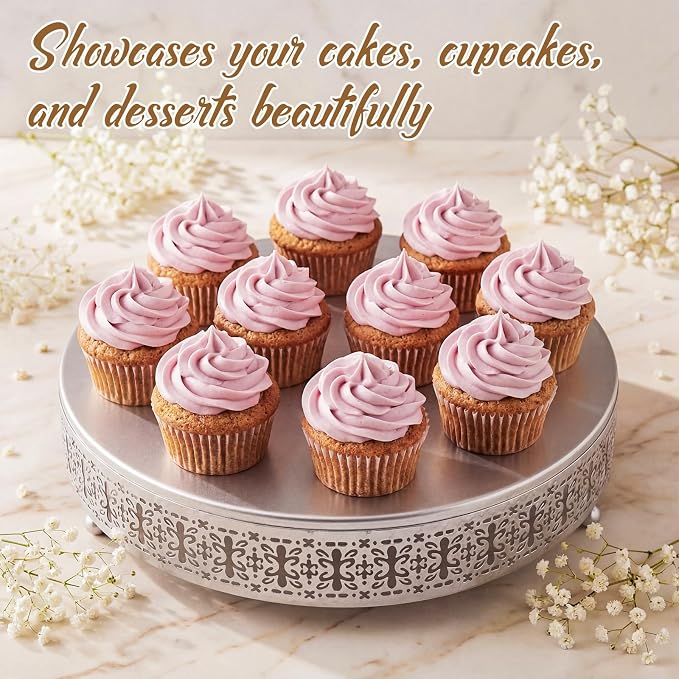 Wenqik Silver Cake Stand 16 Inch Metal Round Cupcake Dessert Wedding Cake Stand with Cutting & Spatula Cookies Display Holder Fruit Serving Tray for Table Wedding Birthday Anniversary Party