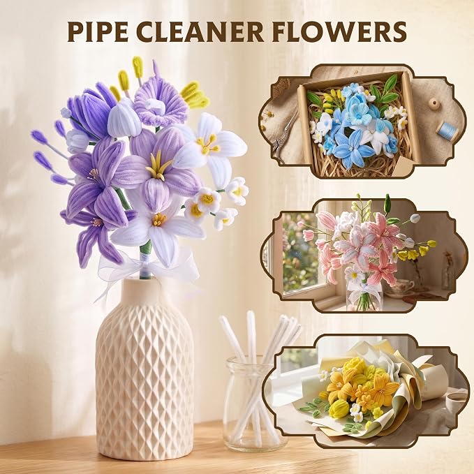 LENYNAL 500 Pcs Pipe Cleaners Bulk Craft, 10 Colors Pastel Pipe Cleaner Flower Kit, Glue-Free & Safe for Kids, Step-by-Step Tutorial, Chenille Stems for Flower Making