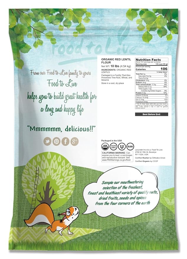 Food to Live Organic Red Lentil Flour, 10 Pounds – Non-GMO, Finely Ground, Pure, Raw, Vegan, Keto, Bulk, Baking Flour for Pizza, Pasta and Lasagna