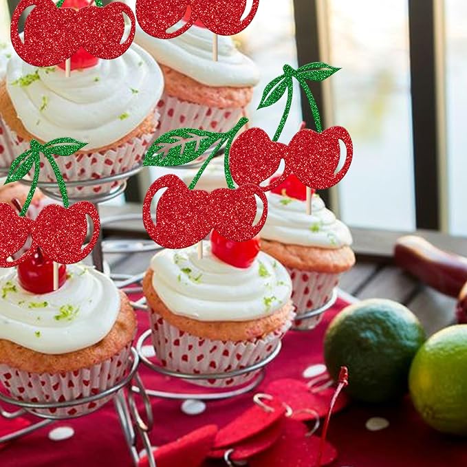 24 Pack Cherry Cupcake Toppers Glitter Red Cherry Cupcake Picks for Fruit Cherry Theme Baby Shower Bridal Shower Birthday Party Cupcake Decorations Supplies