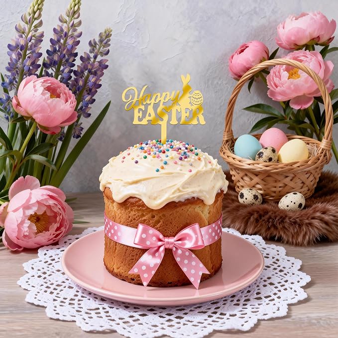 8Pcs Gold Happy Easter Cake Toppers Mirror Acrylic Bunny Egg Cake Picks Bunny Cupcake Decor for Spring Easter Party Cake Desserts Decor Supplies