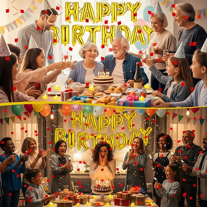 Red and Gold Happy Birthday Balloons Decorations Happy Birthday Letter Balloons Banner Set 24pcs Heart Flameless LED Candles 2000pcs Artificial Rose Petals for Women Men Room Party Decor