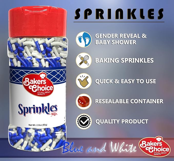 Baker's Choice Hanukkah Sprinkles For Baking - Blue & White Sprinkles - Boy Baby Shower Gender Reveal & Chanukah Sprinkles for Cookie Decorating - Dairy Free, Kosher 2.8 oz