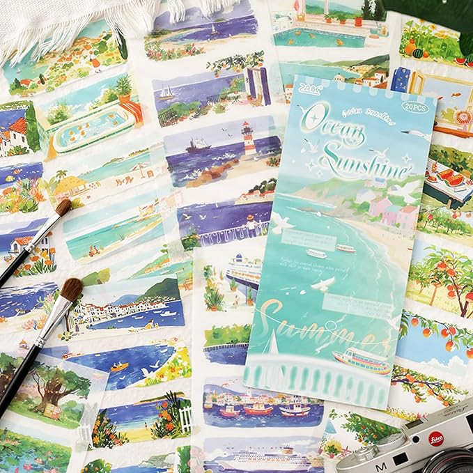Coastal Series Sticker Scrapbooking Supplies for Junk Journal, 10 Sheets PET Stickers and 10 Sheets Washi Stickers