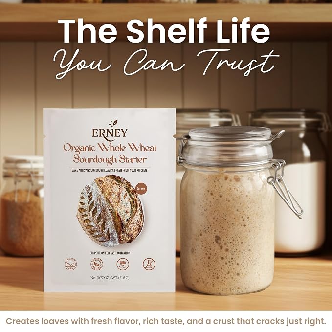 ERNEY Dehydrated Organic Whole Wheat Sourdough Starter 21.6 g Per Sachet for Bread Making - Perfect Rise Organic Whole Wheat Sourdough Bread Flour with Instruction - Versatile Homemade Pastry Flour Perfect for Artisan Loaf Pizza Muffins