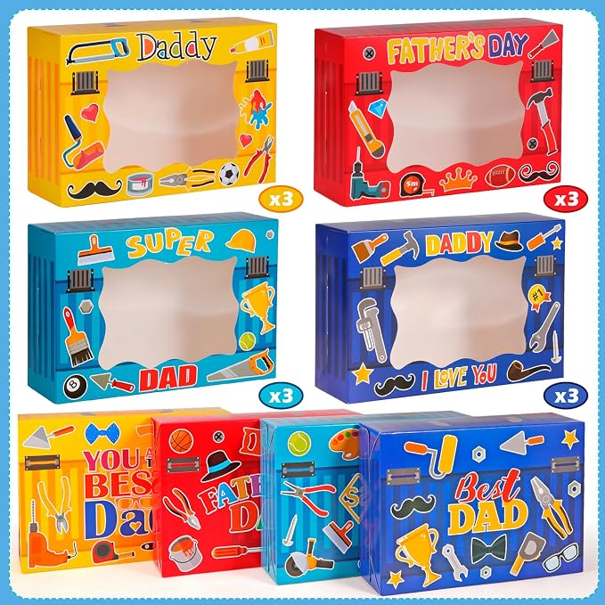 HOWAF Happy Father's Day Cookie Boxes with Transparent Window, Fathers Day Goody Candy Paper Treat Boxes for Dad Day Best Dad Ever Daddy Birthday Party Supplies-Set of 12