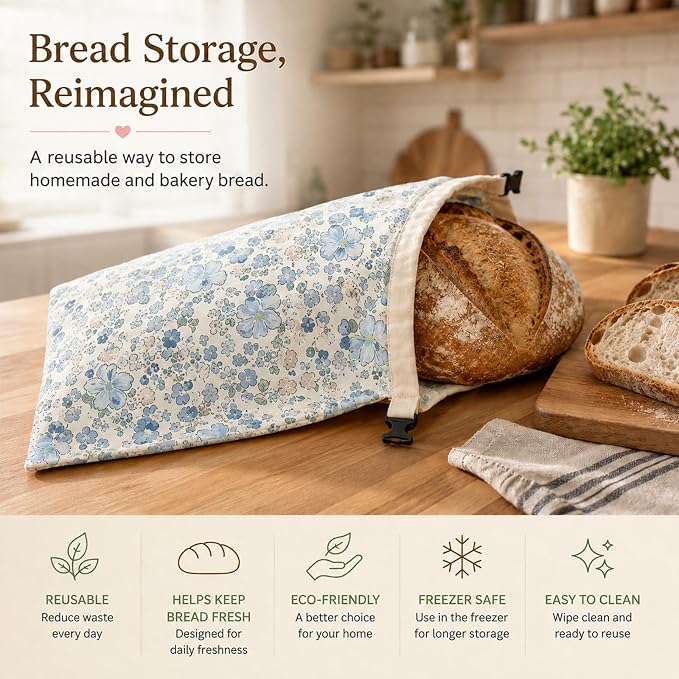 Bread Bags for Homemade, Natural Beeswax Bread Bag 2 Pack XL 13x17 Inch, Reusable Organic Cotton Linen Storage Bags, Beeswax Bread Bags for Sourdough, Keeps Bread Fresh Longer (Little Blue Flower)