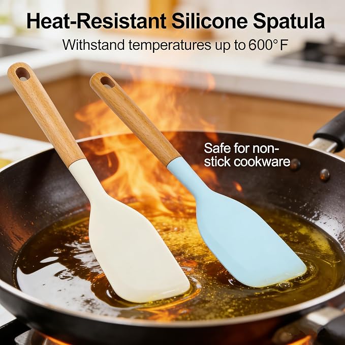 2PCS Heat Resistant Silicone Spatula Set, Silicone Spatula Wooden Handle, Rubber Spatula for Baking, Losing Weight Meal & Salad, Versatile Kitchen Tool, Mixing, Frosting, Heat Resistant 600°F