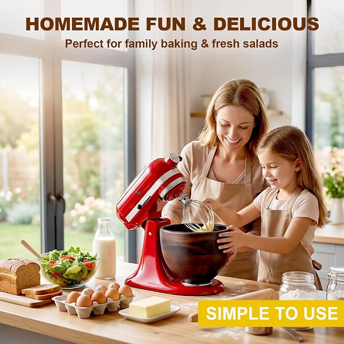 FOCOllK Wooden Bowl for KitchenAid Mixer, Premium Wood Mixing Bowl, Fits 4.5-5 QT Tilt-Head Stand Mixers, 5 Quart Natural Wooden Bowl with Stainless Steel Locking Base