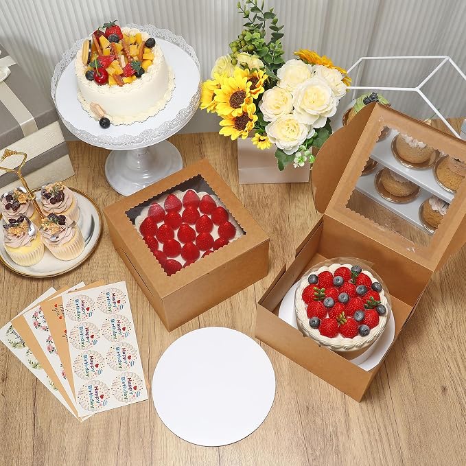 COTOPHER 50 Pcs Cake Boxes 8 Inch, 8x8x5 Inches Cake Containers (25 Boxes & 25 Boards), Brown Bakery Boxes with Windown for Cookies, Desserts, Cupcake, Pastries, Birthday, Wedding, Mother's Day
