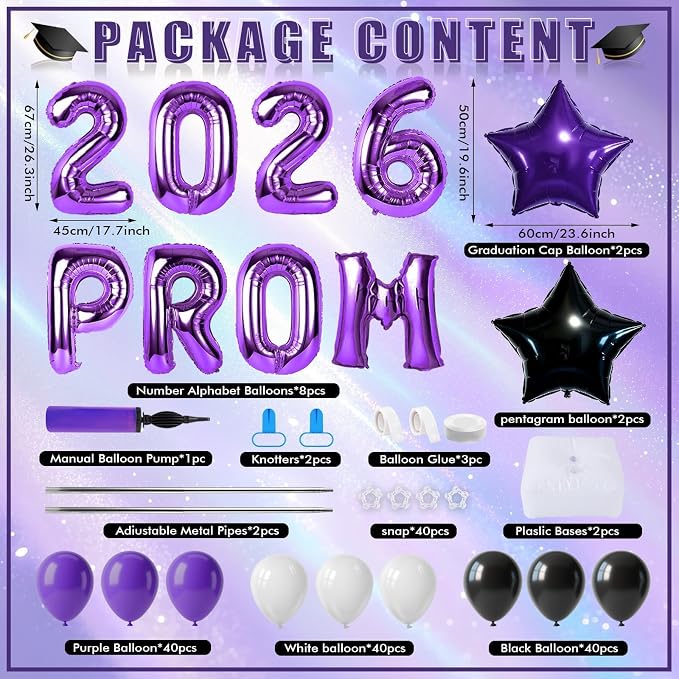 2 Sets Graduation Balloon Column Stand Kits with 132 PCS Purple Black White Latex Balloons 2026 Letters 6.5 Ft Adjustable Metal Tube Telescopic Tower Pillar with Base for Graduation Party Decoration