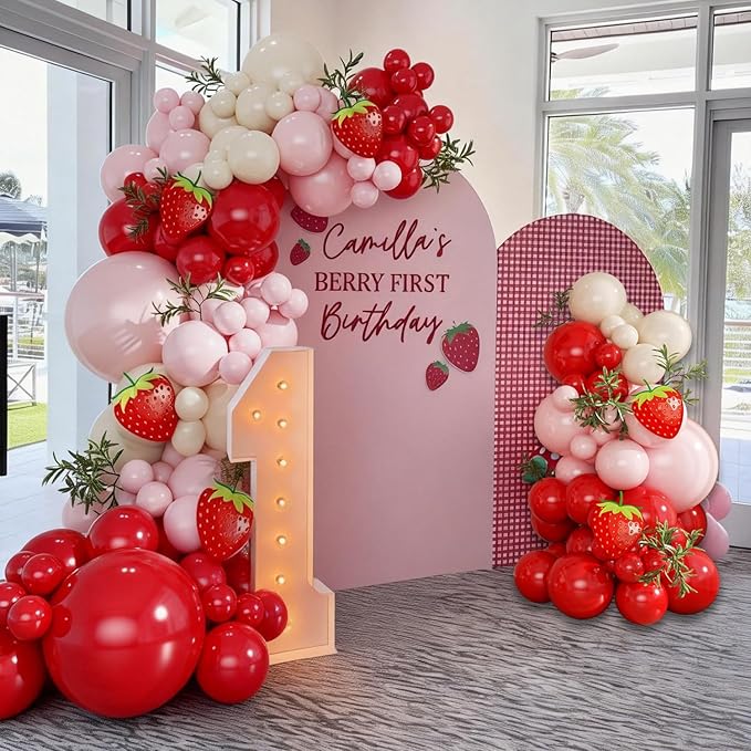 Strawberry Balloons Arch Garland Kit, 124Pcs Red and Pink Balloons with Strawberry Card for Sweet One Berry First Birthday Baby Shower Decorations
