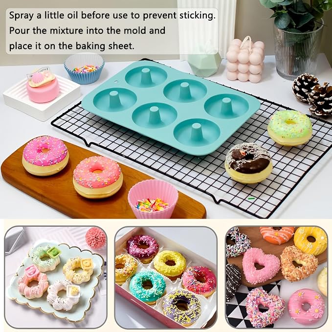 3PCS Silicone Donut Molds + 1PCS Rabbit Gummie Molds, Non-Stick Baking Doughnut Pan Tray for Pumpkin Pancake, Cake, Muffin, Cupcake