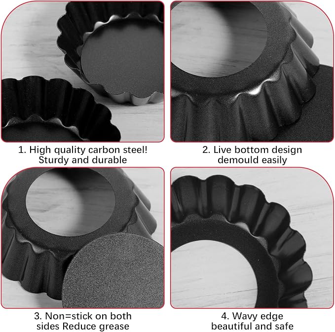 20Pcs 3 Inch Mini Tart Pan, Black Carbon Steel Egg Tart Molds with Removable Bottom Round Non-stick Deep Quiche Pan, Heavy Duty Fluted Side for Pies, Egg Tarts Mold for Baking, Mousse Cakes