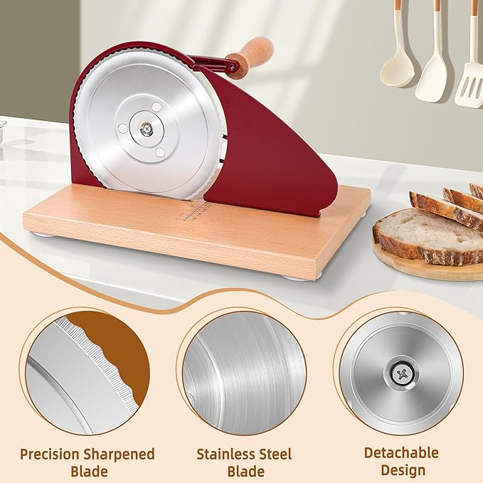 CAWIU Upgraded Manual Bread Slicer for Homemade Sourdough Bread - Adjustable Thickness Bread Cutter with Hand Crank, Suction Cups, Slicing Guide, Scale Line & Cover, for Perfect Even Slices (Red)