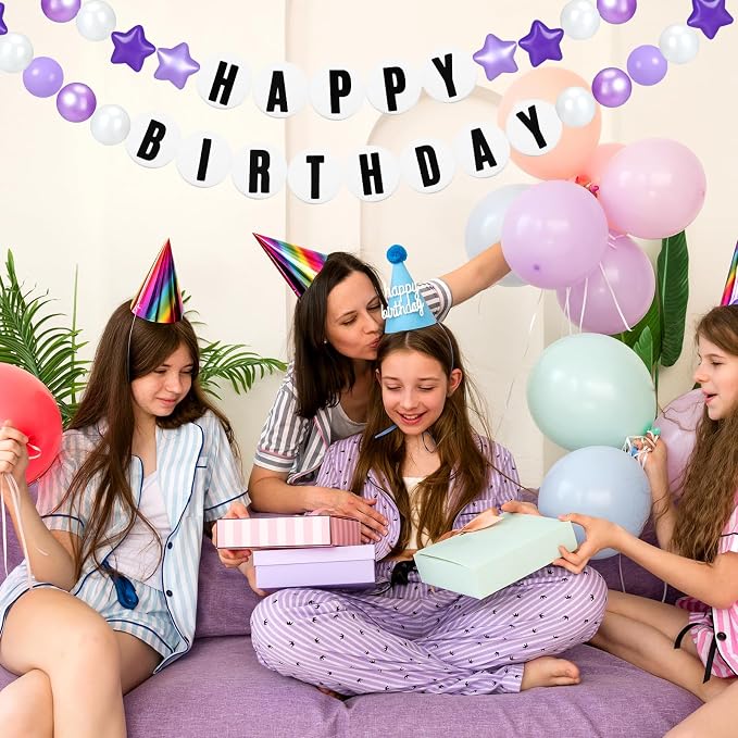 Simgoing 103 Pcs DIY Giant Friendship Bracelet Lei Kit Extra Large Beads Garland Jumbo Birthday Friendship Banner Kit Famous Singer Customizable Party Decor for Classroom(Purple White)