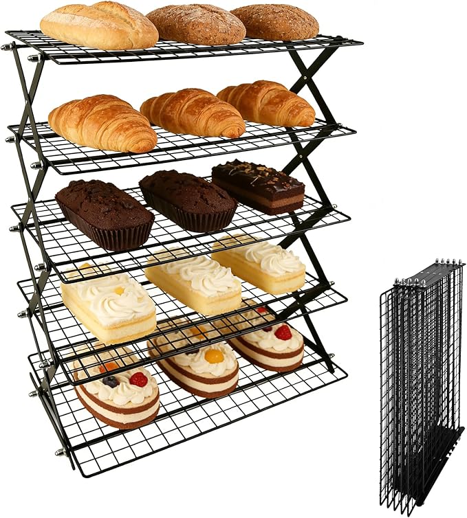 5 Tier Collapsible Cooling Rack with Adjustable 6 Setting Design stackable wire rack for baking sheet for Cookies Baking Gifts for Women (Black, 5-Tier)