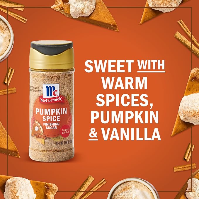 McCormick Finishing Sugar, Pumpkin Spice, Limited Edition, Sweet Blend of Warm Pumpkin Spices, The Perfect Finish for Cookies, Muffins, Pancakes, Bread, and More, 3.66 oz (Pack of 2)