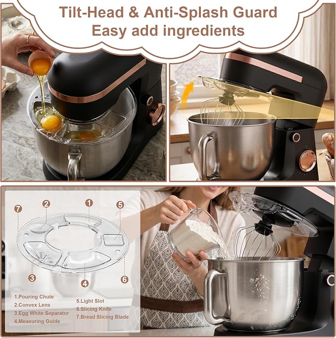 6.5 Qt 10-Speed Tilt-Head Stand Mixer with Dough Hook, Whisk, Beater & Splash Guard, Electric Kitchen Mixer for Baking, Cakes, Bread, and Home Cooking (Black)