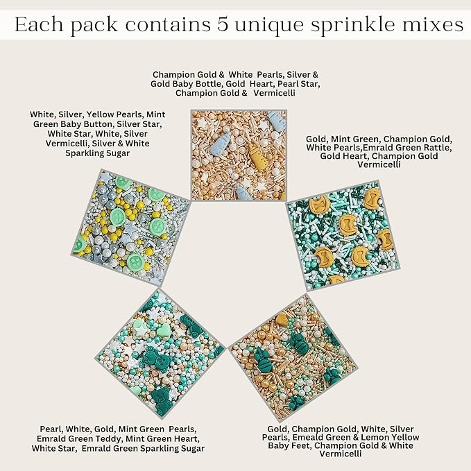 Confect Neutral Baby Shower Sprinkles | Mix Gold, Silver, Pearl & Sage Green Sprinkles | Assorted Pack of 5 Edible Mix Heart, Star, Baby Rattles & Baby Feed Bottle Sprinkles | Vegan, Gluten-Free, Nut-Free, Soy-Free, Dairy-Free, Palm Oil-Free - 5 Oz