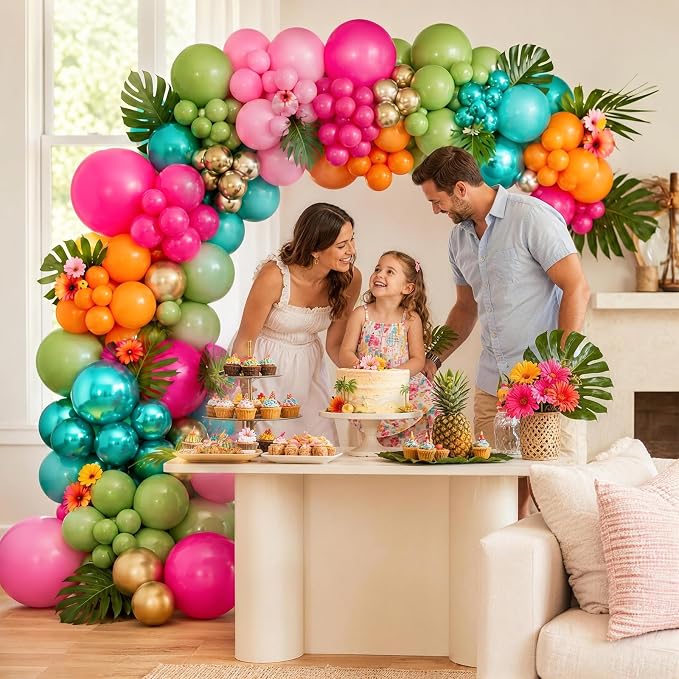 Tropical Luau Balloon Arch Garland Kit, Hot Light Pink Olive Green Orange Teal Metallic Gold Green Summer Hawaiian Balloons for Kids Summer Beach Aloha Pool Birthday Baby Shower Party Decorations