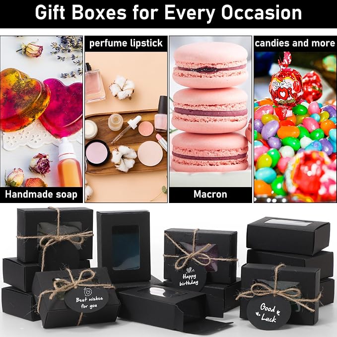 Zhanmai 100 Set Black Small Soap Boxes for Homemade Soap, 3.35 x 2.36 x 1.2 Inch Paper Packaging Boxes with Window, with 100 Tag and Twine, Gift Wrapping Supplies for Bakery Candy Cookies Party Favors