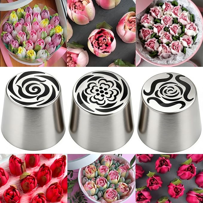 3Pack Extra Large Russian Piping Nozzles, Stainless Steel Flower Icing Tips for Cake Decorating, Baking Tools for Desserts & Cookies