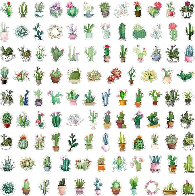 MAXLEAF 100PCS Vintage Green Plants Cactus Adhesive Stickers for Decoration Planner Phone Case Scrapbook Kids Helmets (Green Cactus)